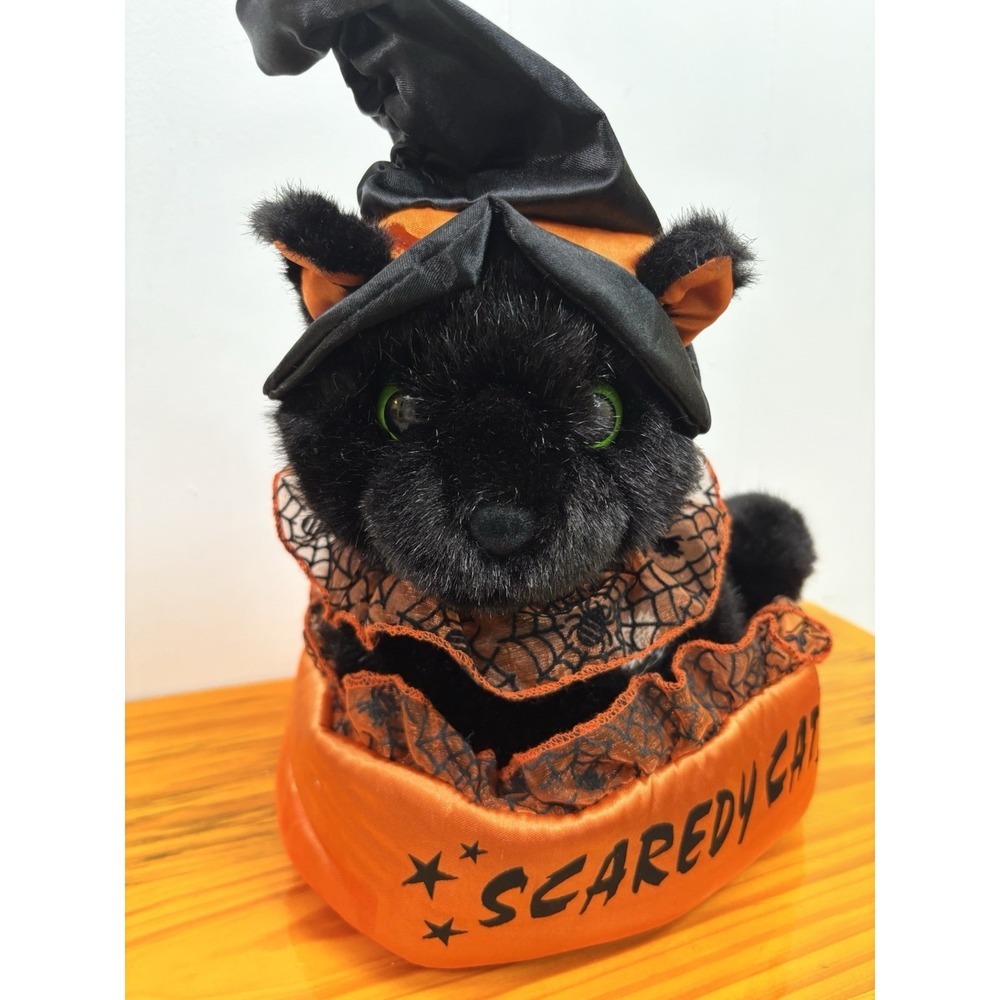 Dan Dee Scaredy Cat Halloween Plush Black Cat Animated Witch Hat Orange - WORKS